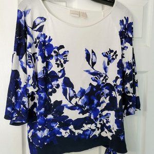 Pretty Chico's tunic with blue flowers and side tie. Size 2